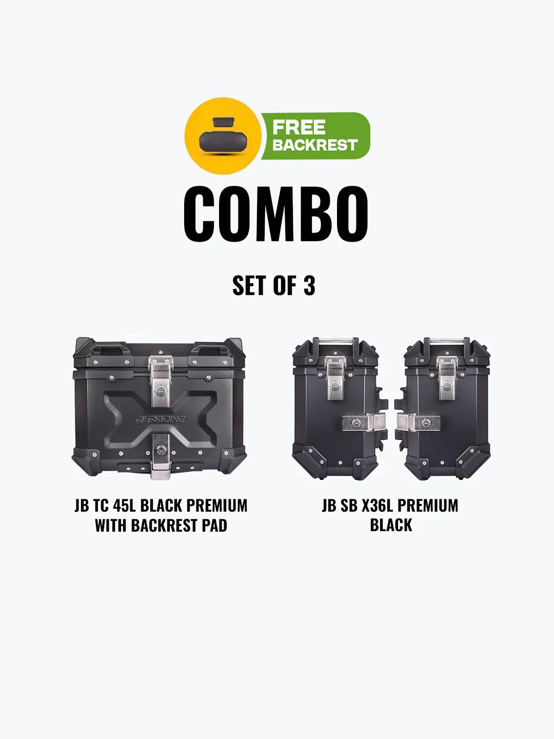 JB Racing Set Of 3 Combo Of JB Top Case 45L Black Premium With Backrest Pad + JB SB X36L Premium Black