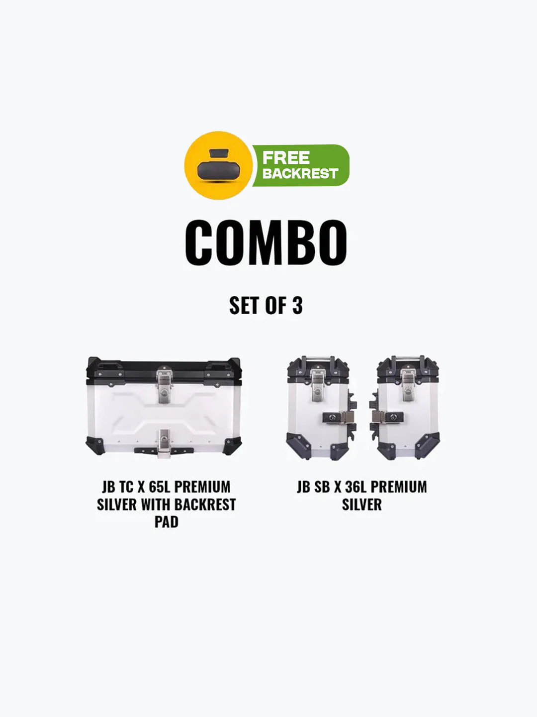 Jb Racing Set Of 3 Combo Of JB Top Case X 65L Premium Silver With Backrest Pad + JB Side Box X 36L Premium Silver