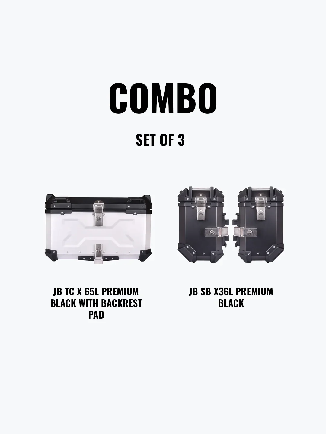 Jb Racing Set Of 3 Combo Of JB Top Case X 65L Premium Silver With Backrest Pad + JB SB X36L Premium Black - Image 2